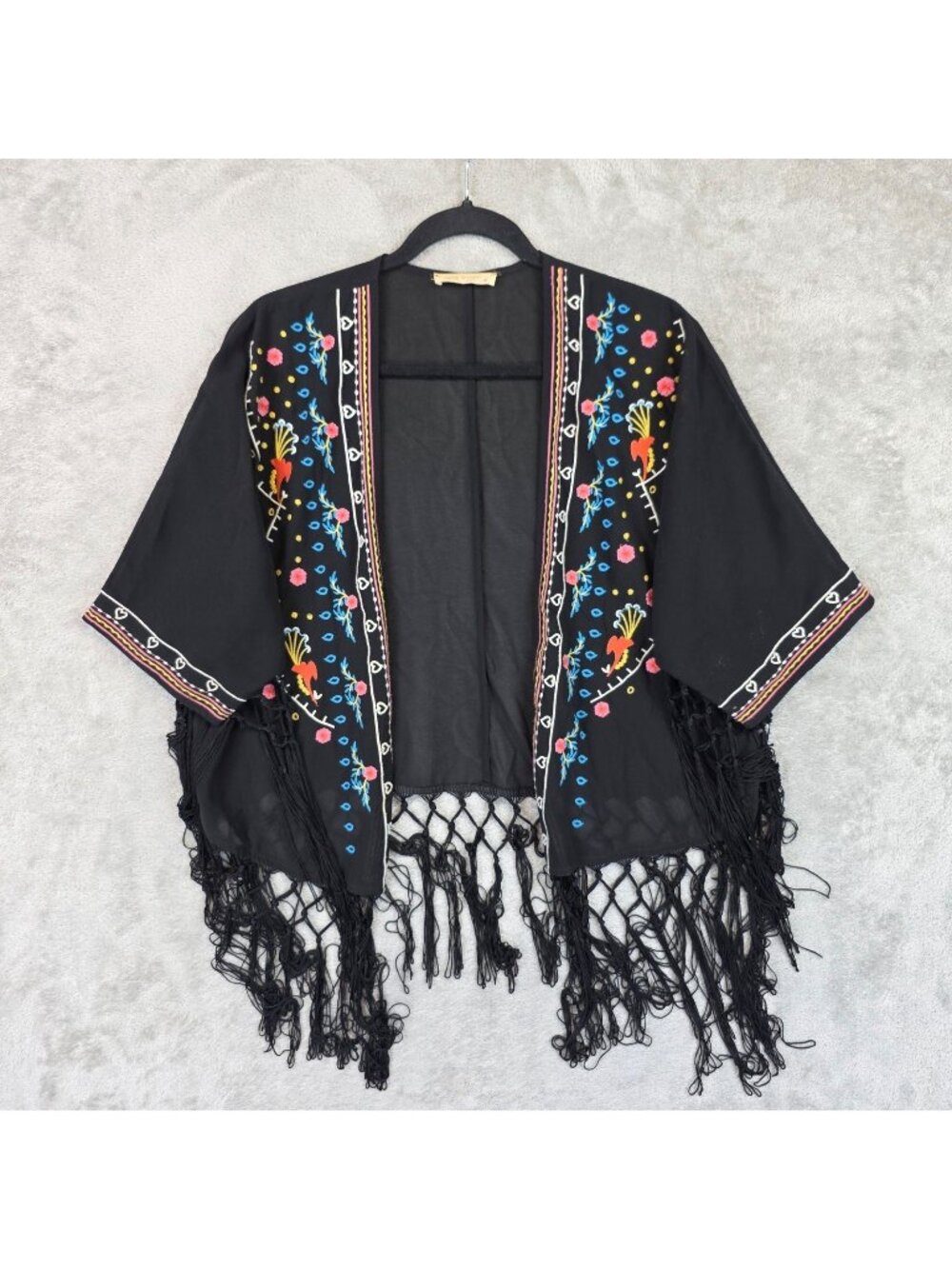 Haute Society Blouse Womens S Black V Neck Kimono Sleeve Embroidered Fringe Boho